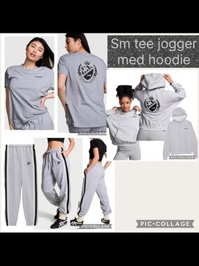 PINK campus pant pullover hoodie campus short sleeve tee med grey crest dog